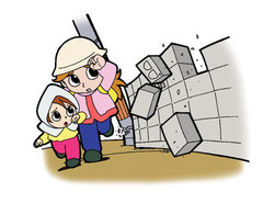 ブロック塀を避けて避難しているイラスト
