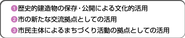 1 歴史的建造物の保存・公開による文化的活用、2 市の新たな交流拠点としての活用、3 市民主体によるまちづくり活動の拠点としての活用