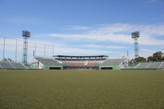 外野からホームベース方向を望む。天然芝の緑が美しい写真