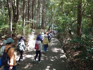 官舎神社内を歩くウォーク参加者