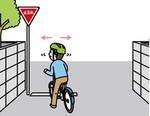 イラスト：一旦停止して左右を確認する様子