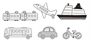 旅行手段(電車、飛行機、船、バス、自動車、自転車)のイメージイラスト