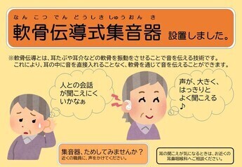窓口用ポスター:軟骨伝導とは、耳たぶや耳介などの軟骨を振動させることで音を伝える技術です。これにより、耳の中に音を直接入れることなく、軟骨を通じて音を伝えることができます。